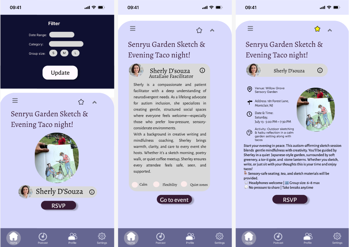 AutaEase event flow — filter, facilitator profile, and full event detail