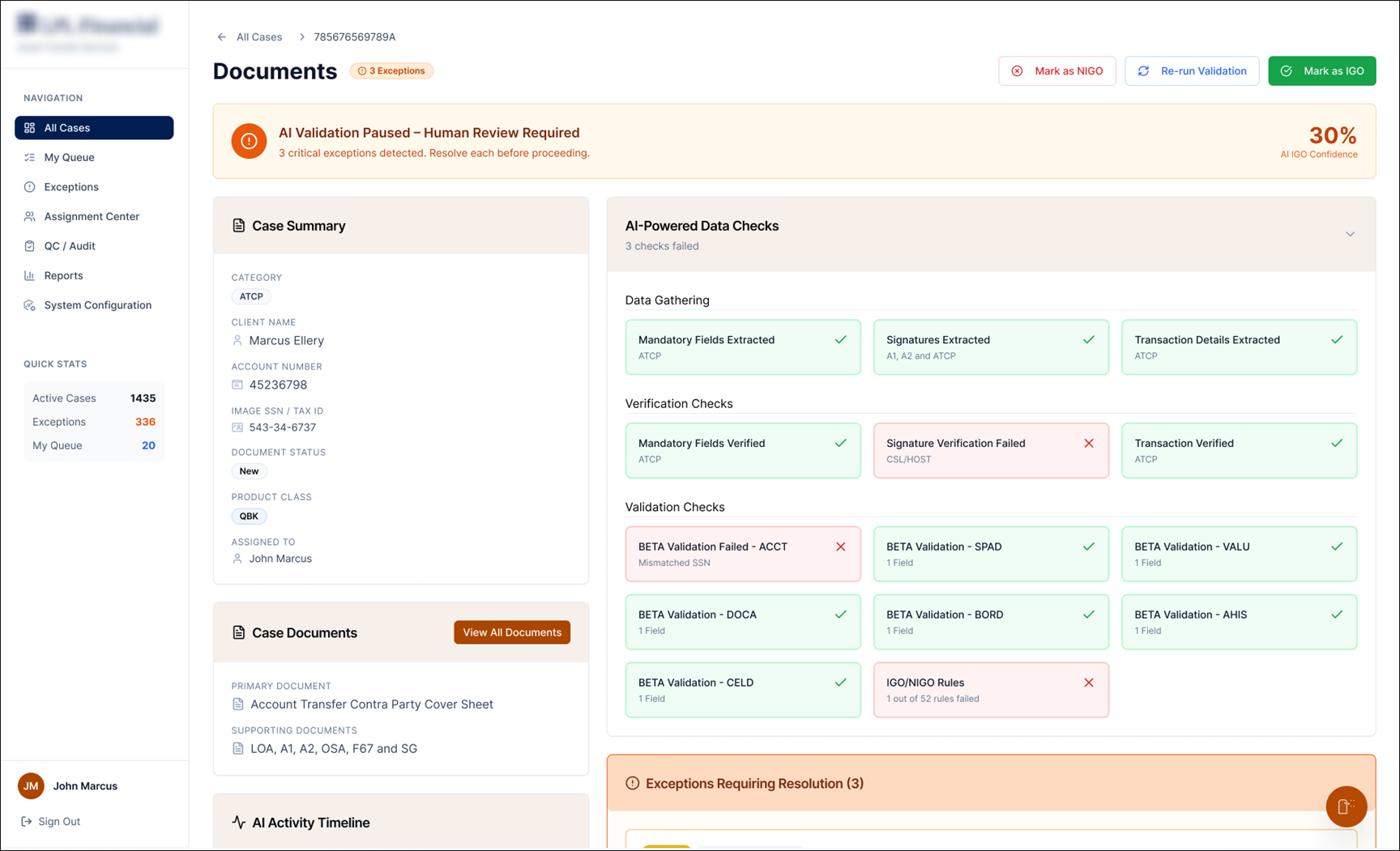 AI validation paused, human review required, failed checks