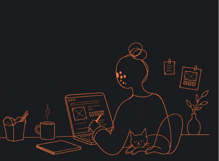 Line-art illustration of a designer working at a laptop with a cat