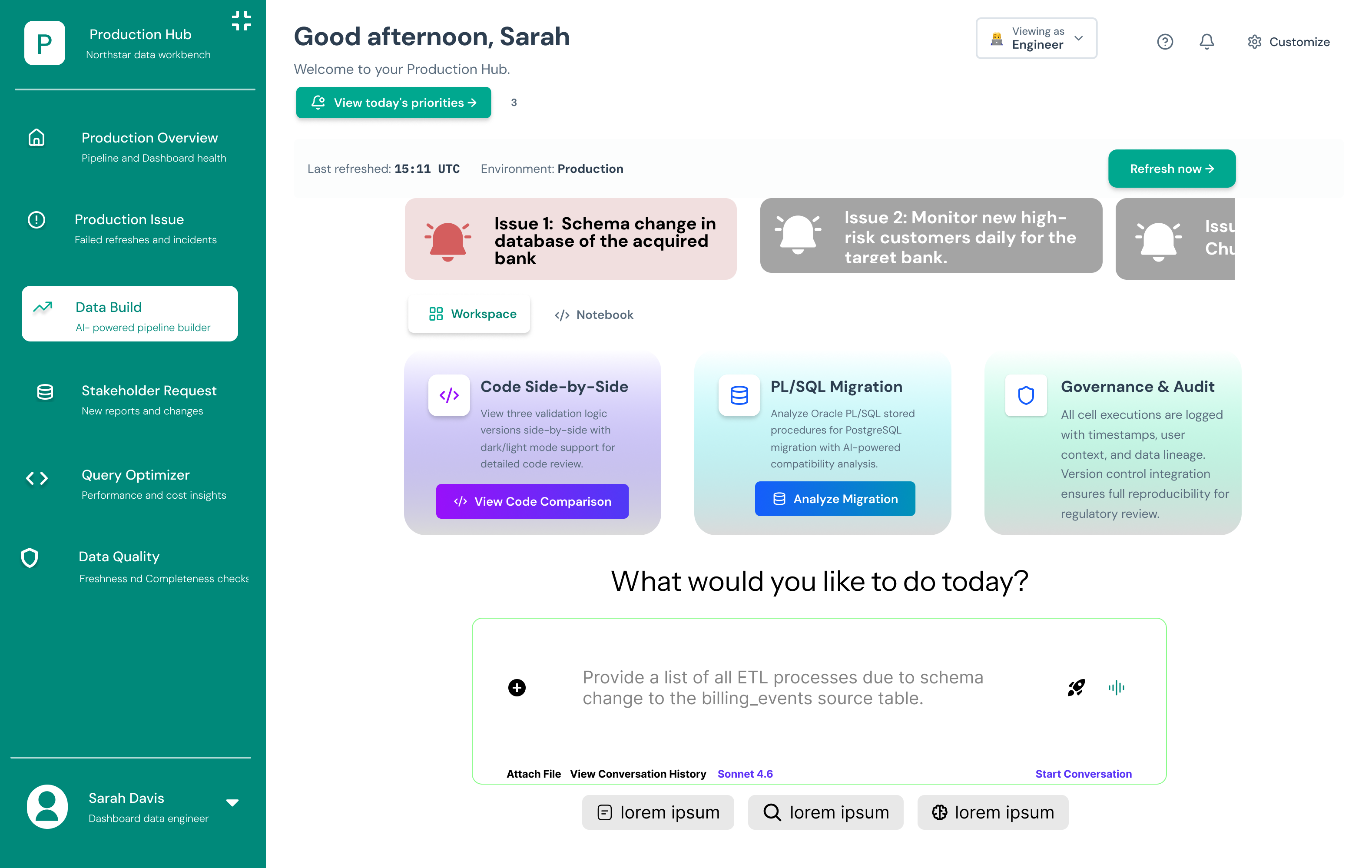 Conversational AI-powered data build screen