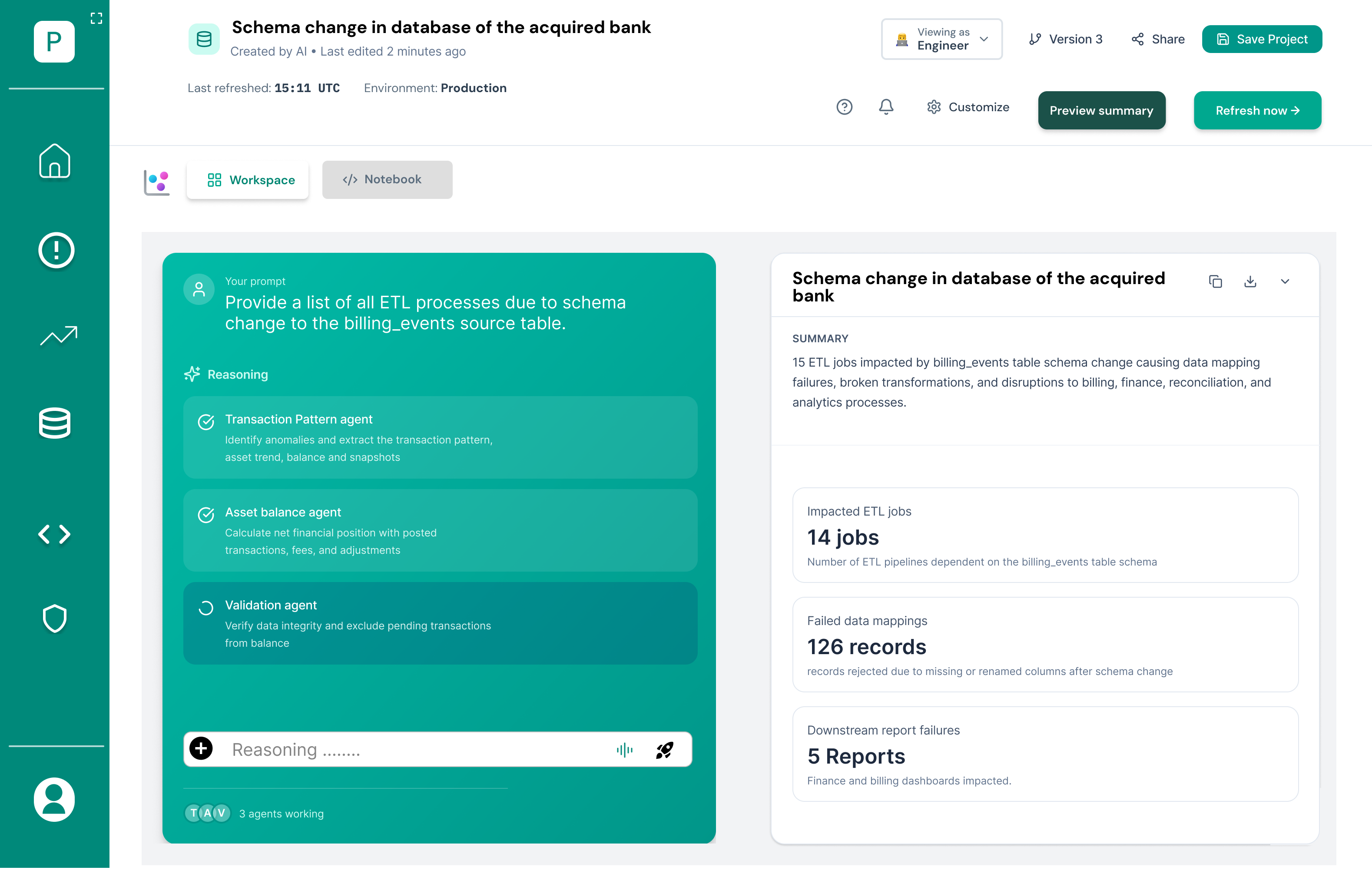 Multi-agent reasoning workspace with summary panel