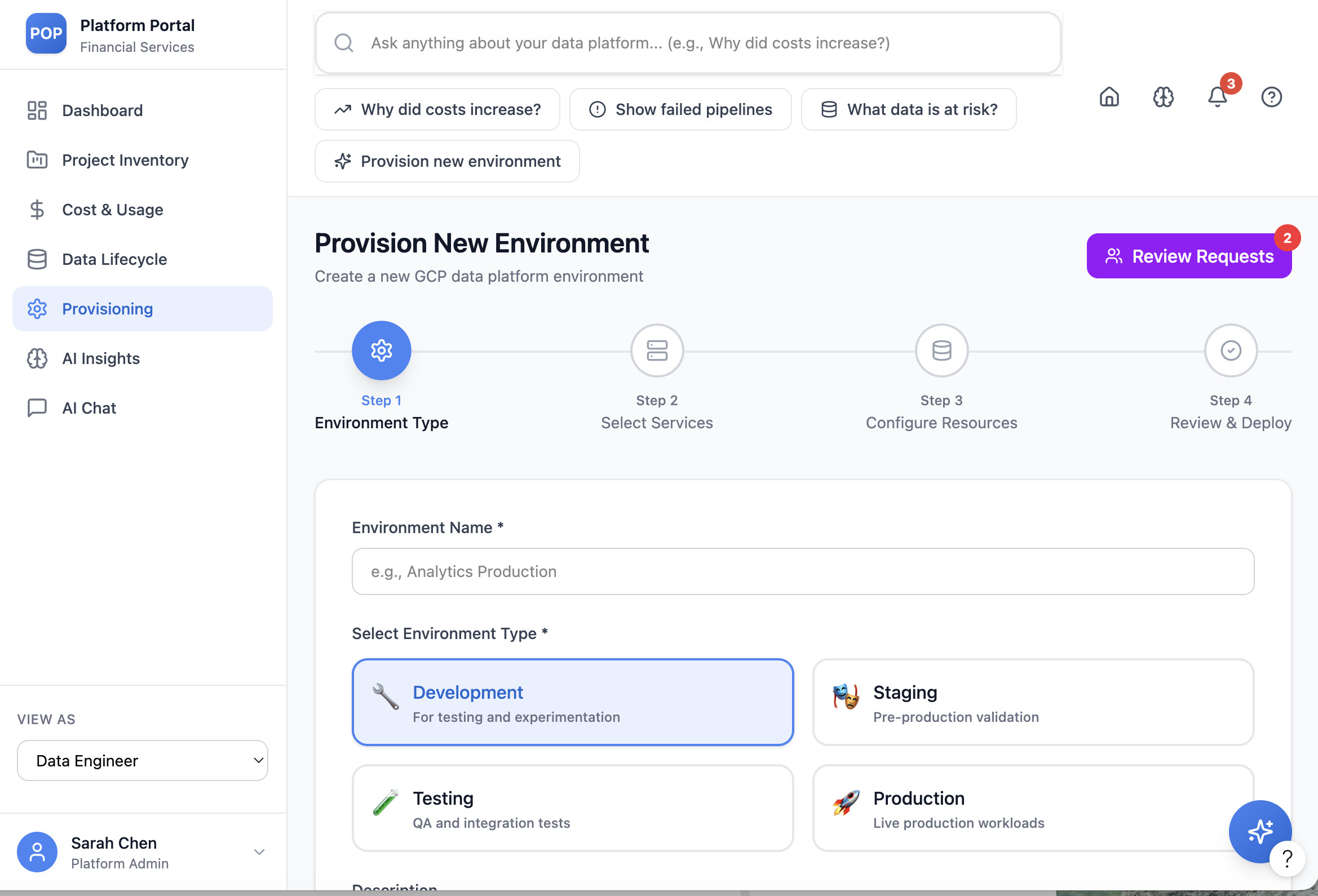 Provisioning step 1 — environment type