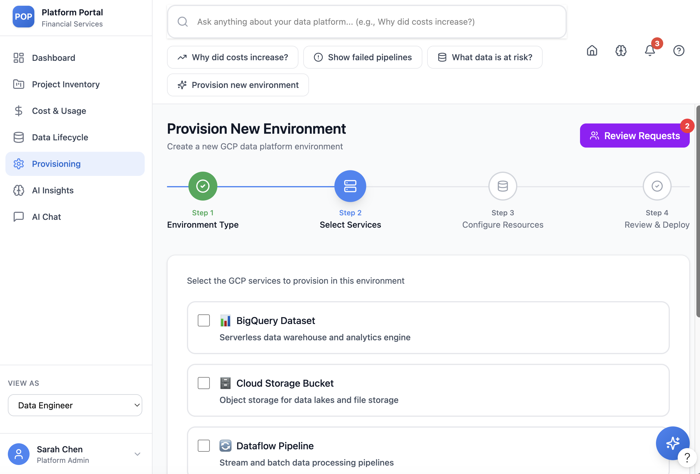 Provisioning step 2 — select services