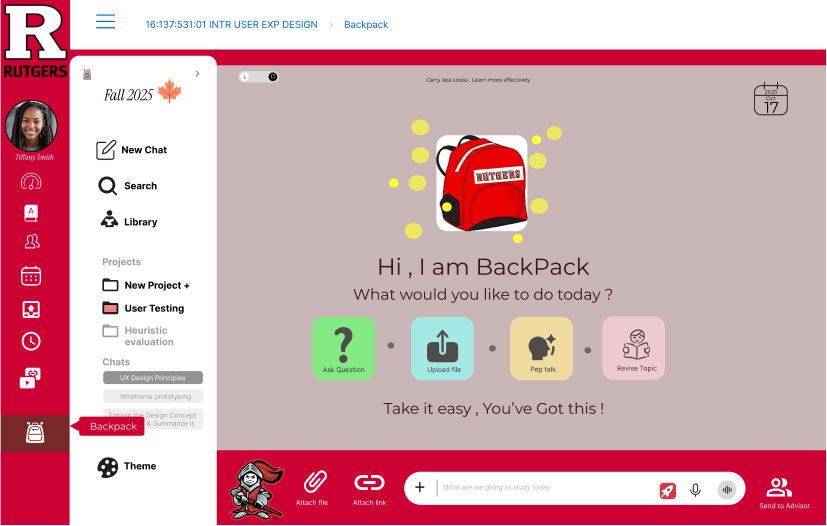 Rutgers Backpack AI study companion dashboard