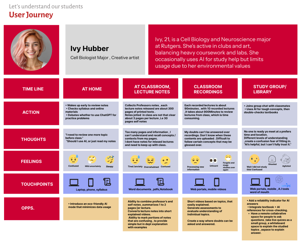 Ivy Hubber user journey map — timeline, actions, thoughts, feelings, touchpoints and opportunities