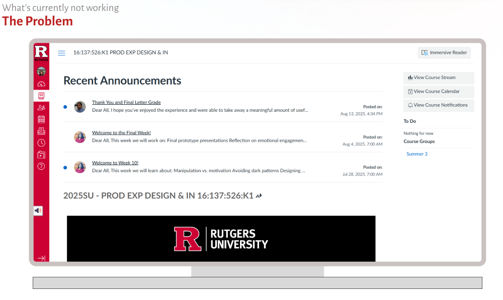 The current Rutgers Canvas dashboard — information, but no personalized study help